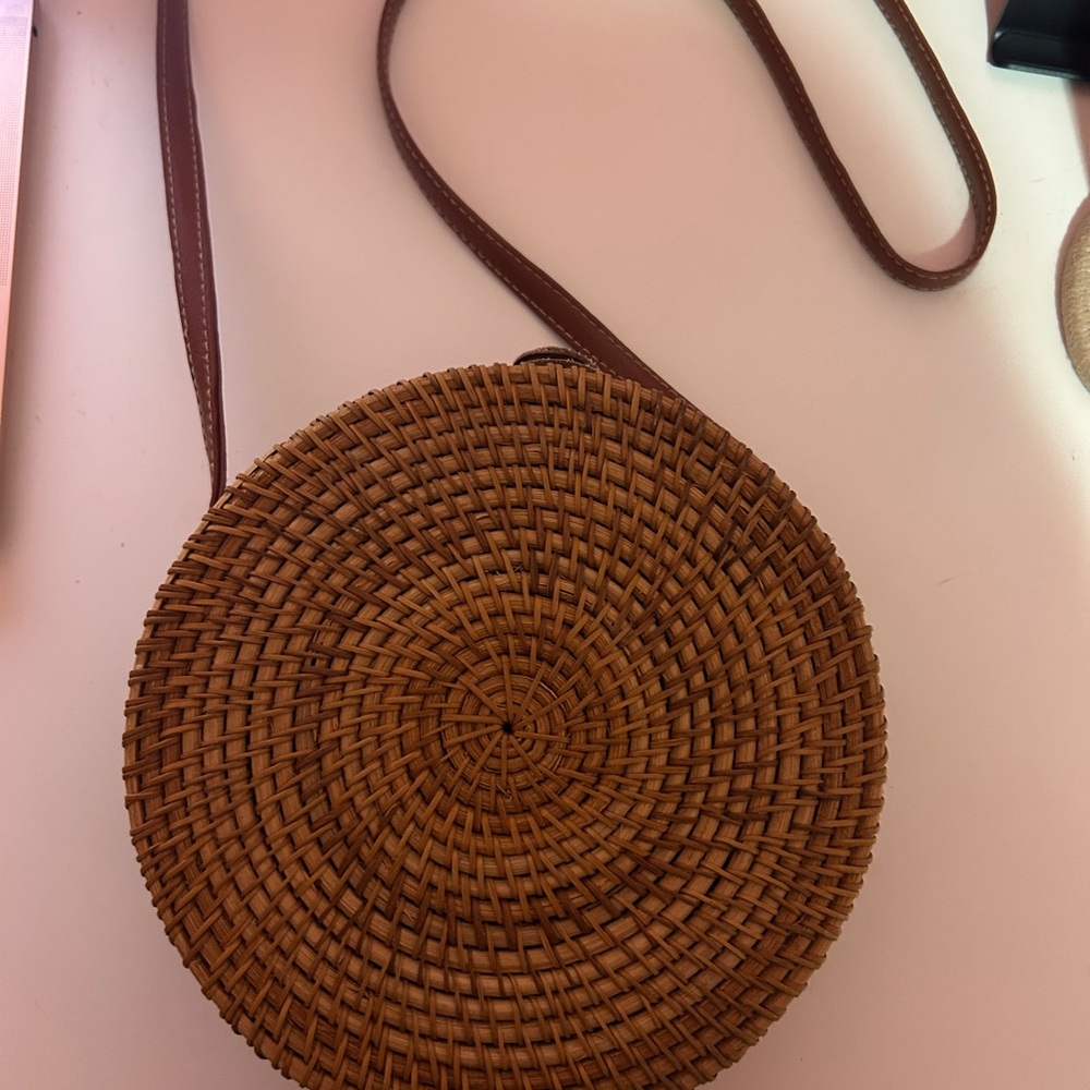 Round Woven Crossbody Bag - Brown
